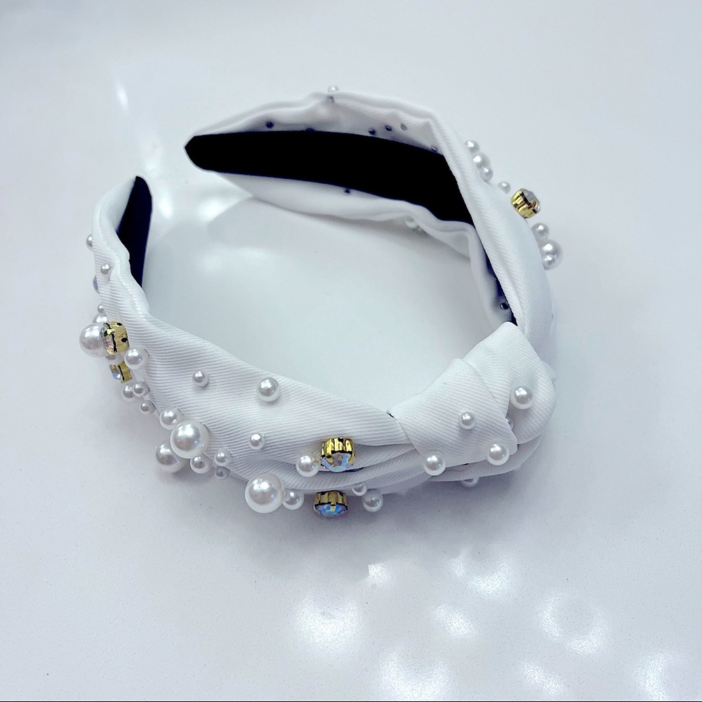 White- Rhinestone & Pearl Top Knot Headband NEW